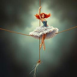 A beautiful illustration of a graceful red-haired ballerina suspended on a tightrope