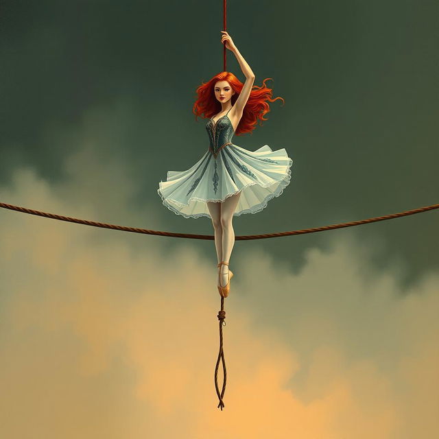 A beautiful illustration of a graceful red-haired ballerina suspended on a tightrope