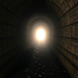 A captivating view of a long, dark tunnel, leading into the distance, with a brilliant and inviting light glowing softly at the far end