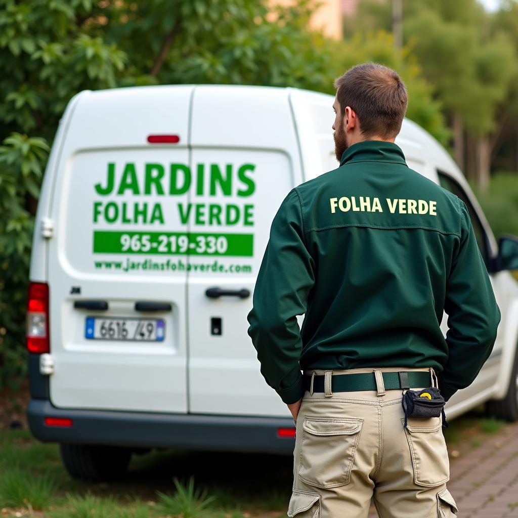 A small white commercial van displaying 'JARDINS FOLHA VERDE' in Portuguese, along with the phone number 965 219 336 and the website www