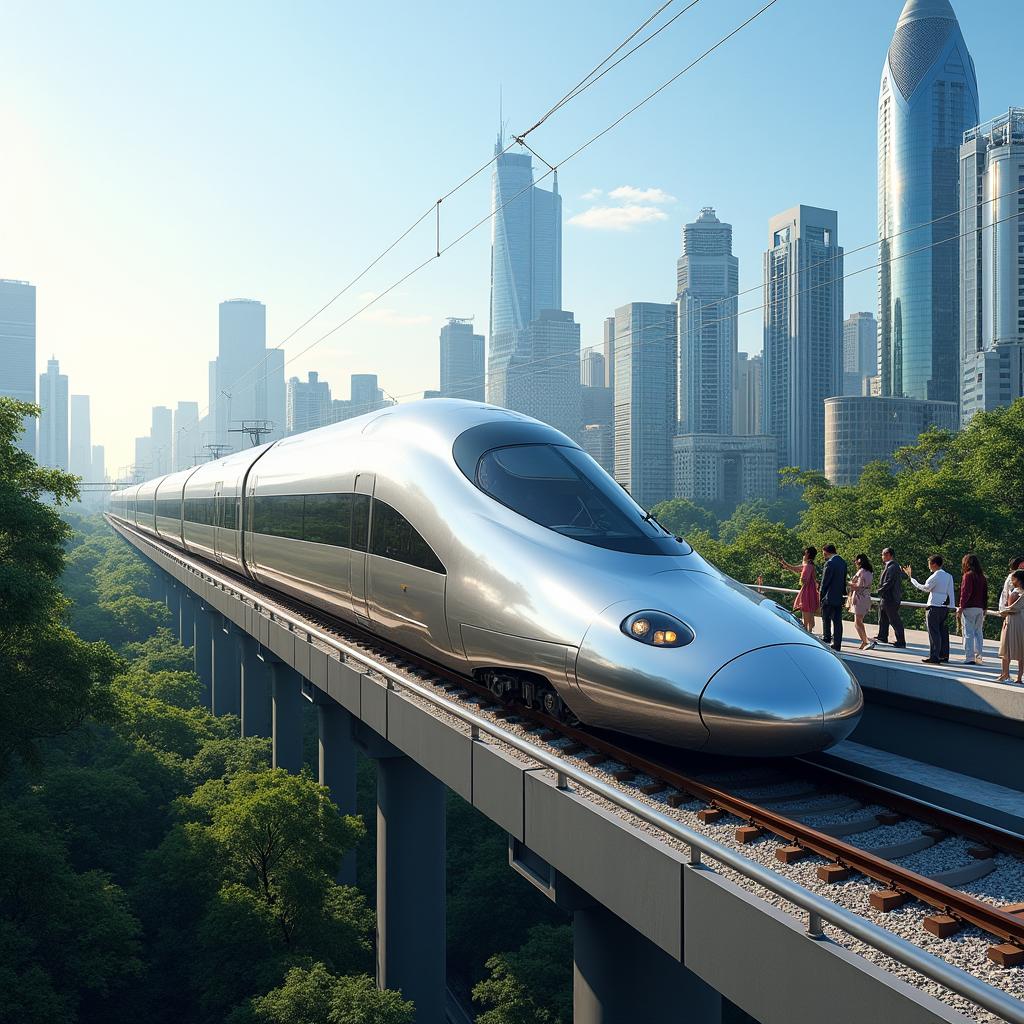 A sleek, futuristic high-speed train traveling on elevated tracks through a bustling cityscape