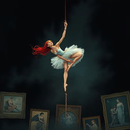 A striking illustration of a red-haired ballerina gracefully suspended on a rope, with a fragile looking rope about to break beneath her