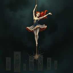 A striking illustration of a red-haired ballerina gracefully suspended on a rope, with a fragile looking rope about to break beneath her