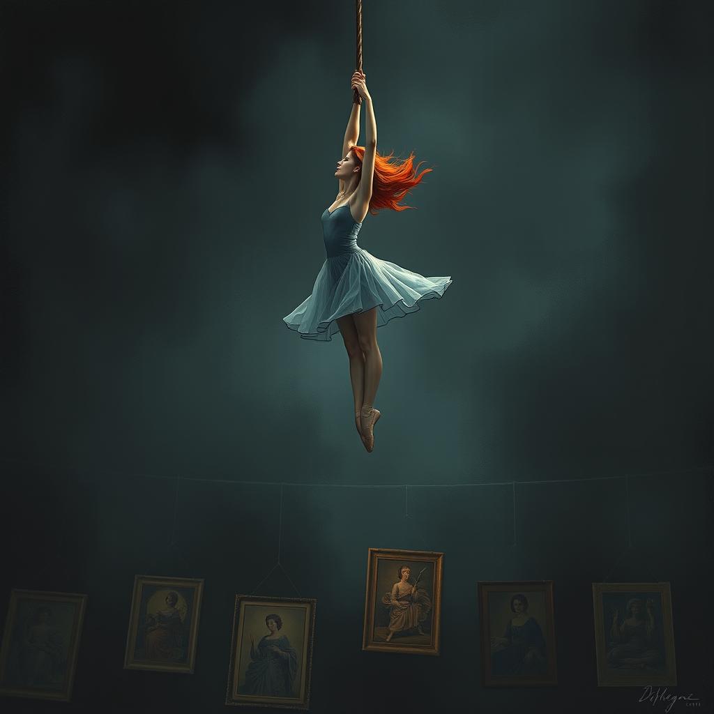 A striking illustration of a red-haired ballerina gracefully suspended on a rope, with a fragile looking rope about to break beneath her