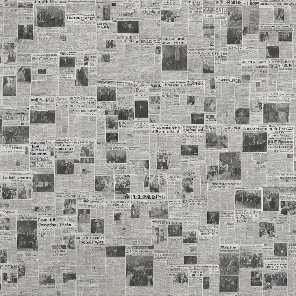 An image showcasing a montage of various newspaper front pages with different headlines, stories and photographs, encapsulating diverse themes and time periods.