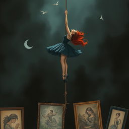 A striking illustration of a red-haired ballerina gracefully suspended on a rope, with a fragile looking rope about to break beneath her