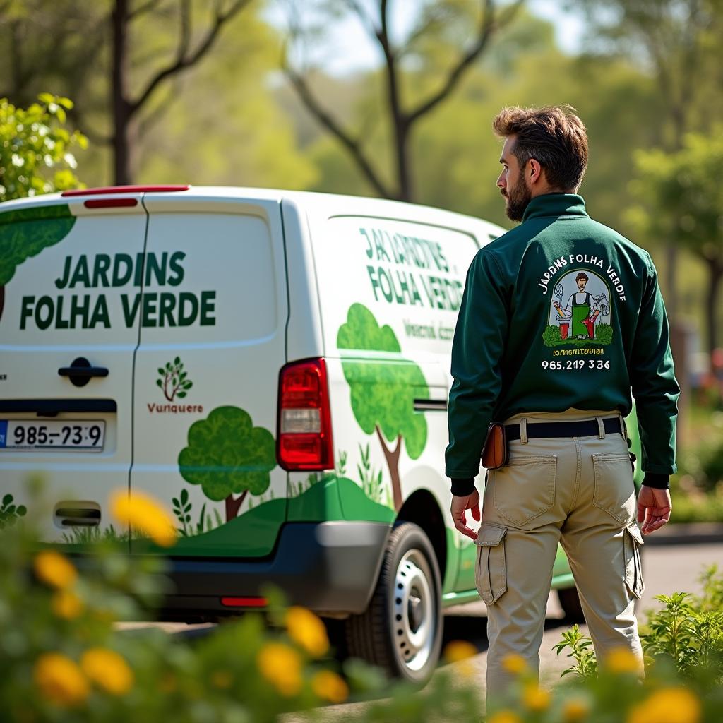 A small white commercial van decoratively painted with trees and plants, featuring the text 'JARDINS FOLHA VERDE', a phone number (965 219 336), and the website www