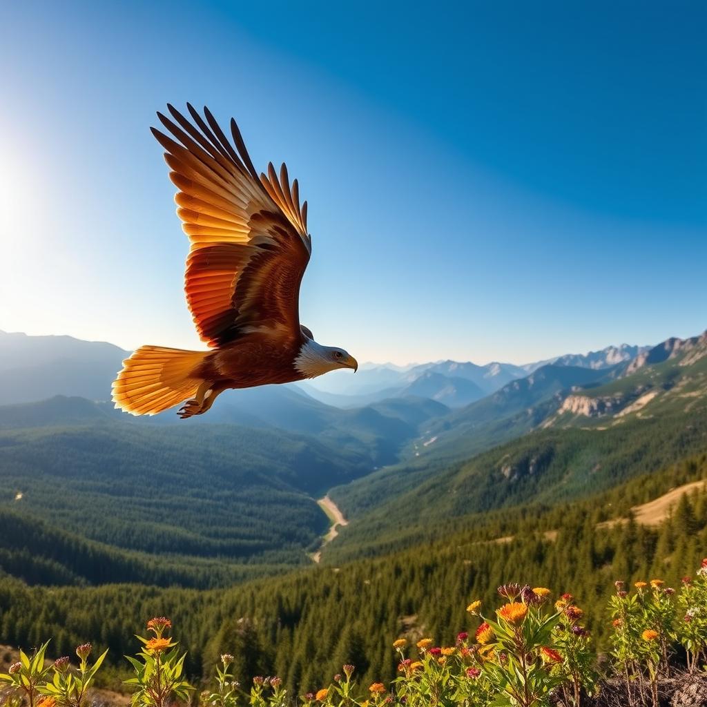 A majestic eagle soaring gracefully over a serene landscape, with sweeping valleys and rugged mountains in the background