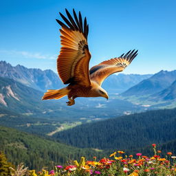 A majestic eagle soaring gracefully over a serene landscape, with sweeping valleys and rugged mountains in the background