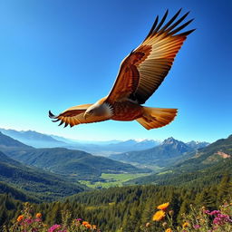 A majestic eagle soaring gracefully over a serene landscape, with sweeping valleys and rugged mountains in the background