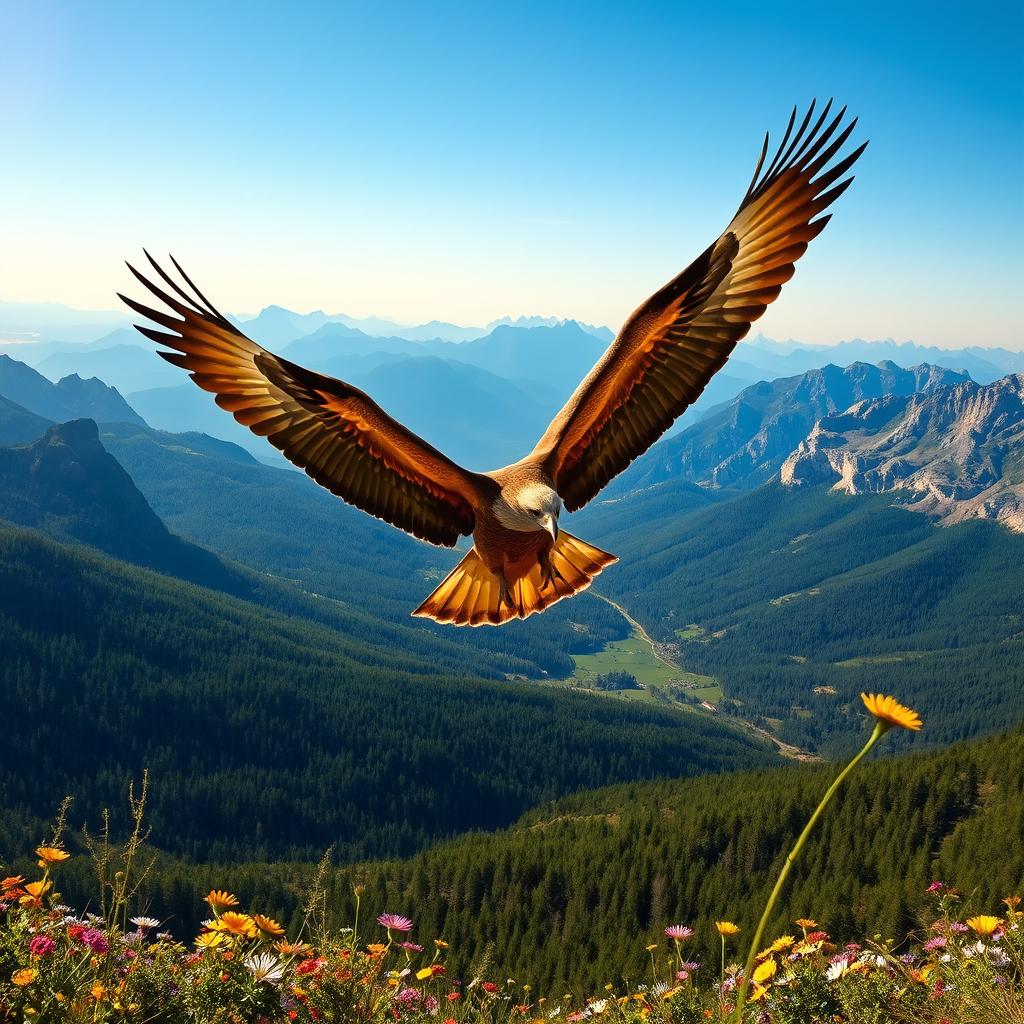 A majestic eagle soaring gracefully over a serene landscape, with sweeping valleys and rugged mountains in the background