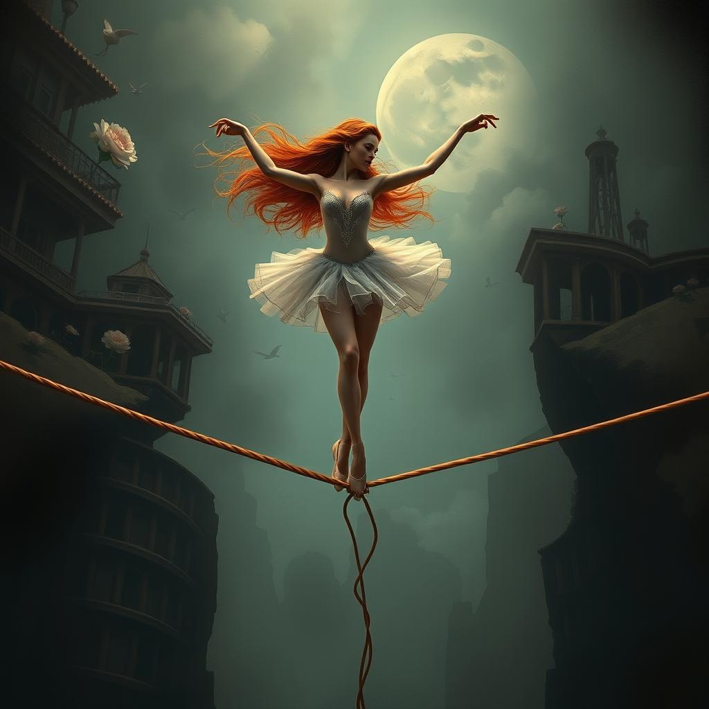 A stunning scene featuring a red-haired ballerina gracefully balancing on a tightrope