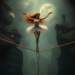 A stunning scene featuring a red-haired ballerina gracefully balancing on a tightrope