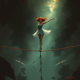 A stunning scene featuring a red-haired ballerina gracefully balancing on a tightrope