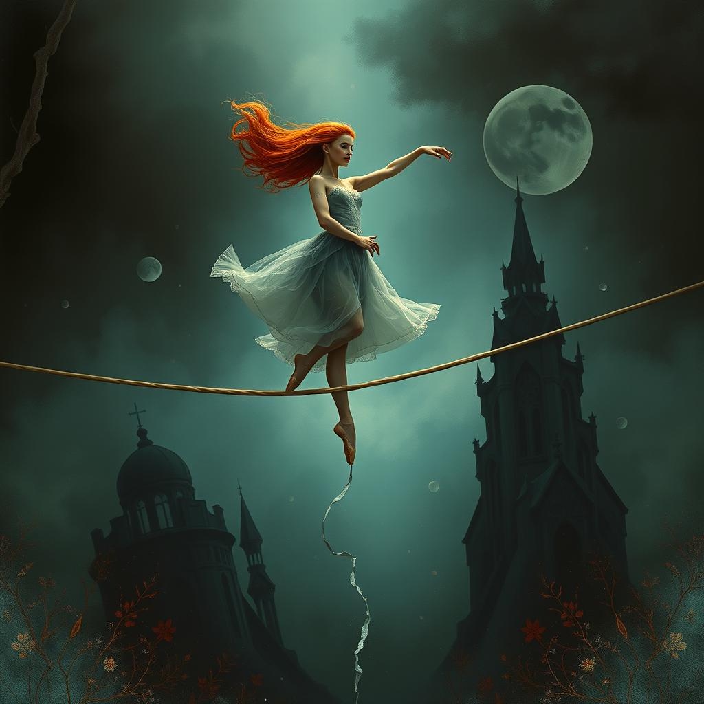 A stunning scene featuring a red-haired ballerina gracefully balancing on a tightrope