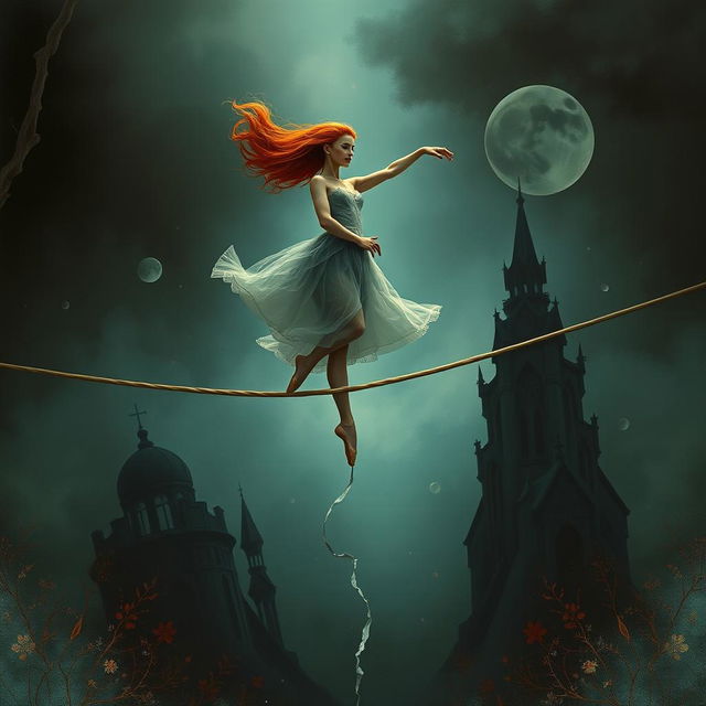 A stunning scene featuring a red-haired ballerina gracefully balancing on a tightrope