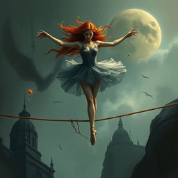 A stunning scene featuring a red-haired ballerina gracefully balancing on a tightrope