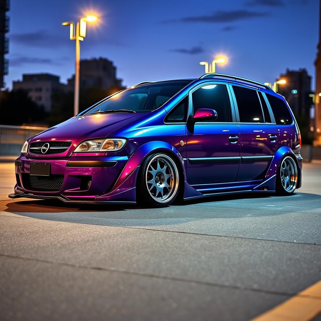 A stunning widebody modification of a 2001 Opel Zafira, showcasing a modified exterior with flared fenders, a lowered suspension, and aggressive stance