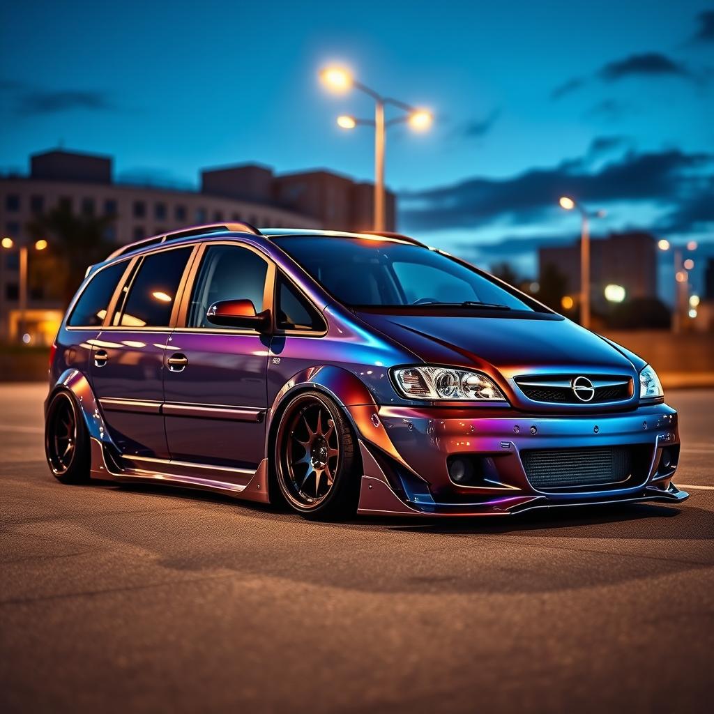 A stunning widebody modification of a 2001 Opel Zafira, showcasing a modified exterior with flared fenders, a lowered suspension, and aggressive stance