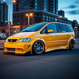 A stunning widebody modification of a 2001 Opel Zafira, showcasing a modified exterior with flared fenders, a lowered suspension, and aggressive stance