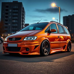 A stunning widebody modification of a 2001 Opel Zafira, showcasing a modified exterior with flared fenders, a lowered suspension, and aggressive stance