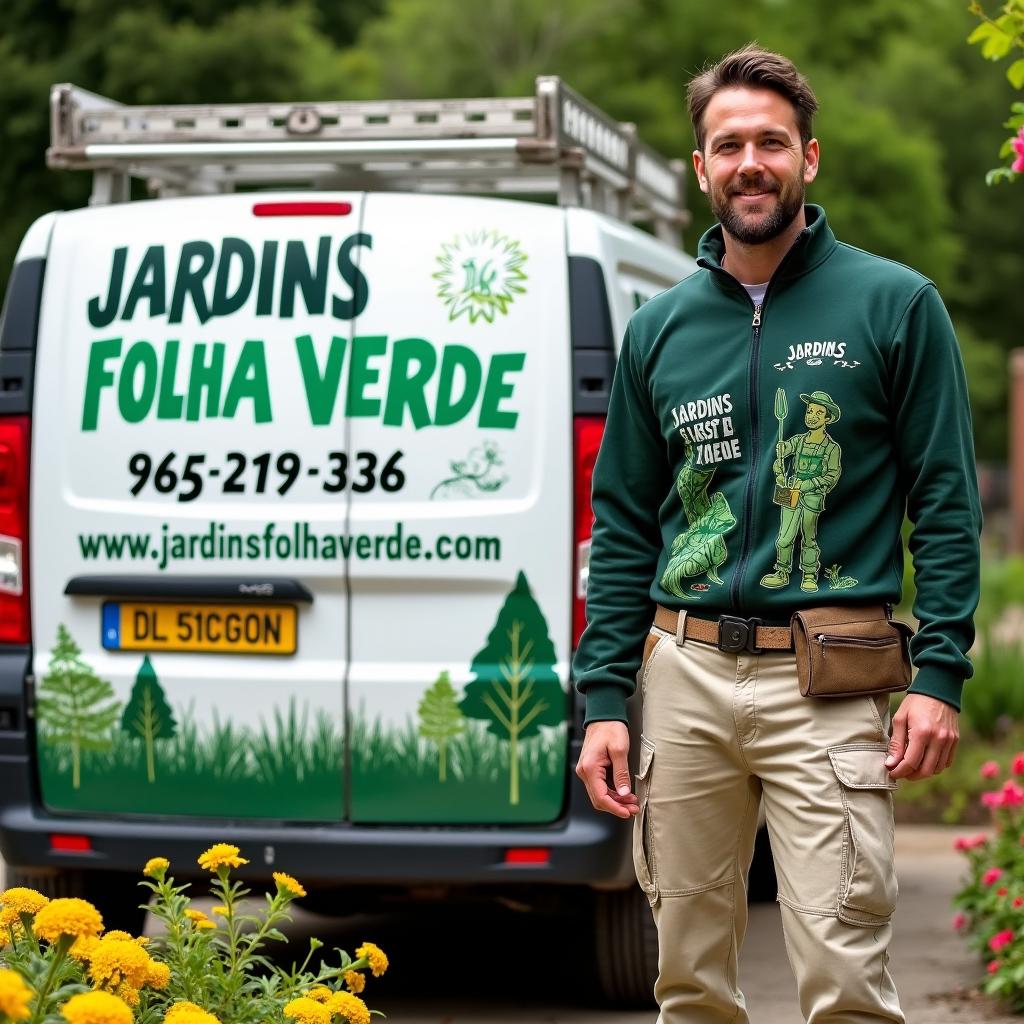 A small white commercial van, decorated with illustrations of trees and plants, prominently displays the text 'JARDINS FOLHA VERDE', along with the phone number '965 219 336' and the website 'www