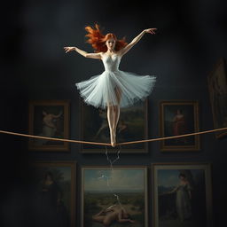 A captivating scene featuring a graceful red-haired ballerina performing on a tightrope, with the rope dramatically breaking beneath her