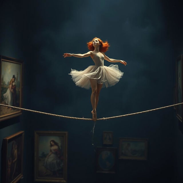 A captivating scene featuring a graceful red-haired ballerina performing on a tightrope, with the rope dramatically breaking beneath her