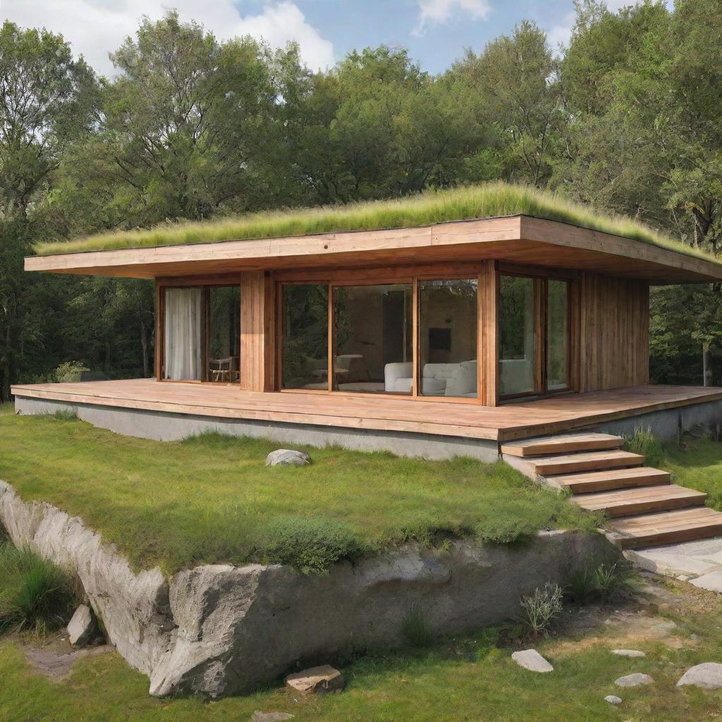 An eco-friendly house seamlessly blended with its native environment, complete with green roofs, solar panels, and natural materials.