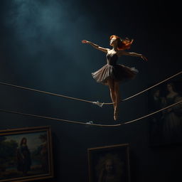 A captivating scene featuring a graceful red-haired ballerina performing on a tightrope, with the rope dramatically breaking beneath her