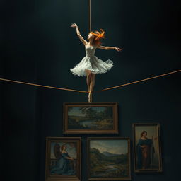 A captivating scene featuring a graceful red-haired ballerina performing on a tightrope, with the rope dramatically breaking beneath her