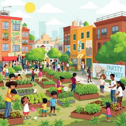 A vibrant and dynamic illustration of community projects in action, showcasing a diverse group of people collaborating in an urban setting