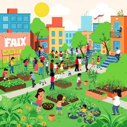 A vibrant and dynamic illustration of community projects in action, showcasing a diverse group of people collaborating in an urban setting