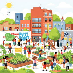 A vibrant and dynamic illustration of community projects in action, showcasing a diverse group of people collaborating in an urban setting