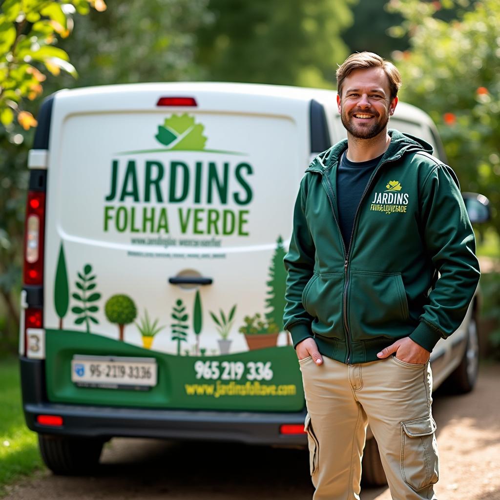 A small white commercial van decorated with trees and plants, prominently featuring the text 'JARDINS FOLHA VERDE', along with the phone number 965 219 336 and the website www