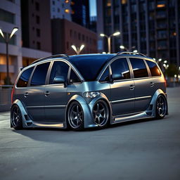 A striking widebody modification of a 2001 Opel Zafira in a sleek Nardo Grey finish