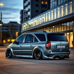 A striking widebody modification of a 2001 Opel Zafira in a sleek Nardo Grey finish