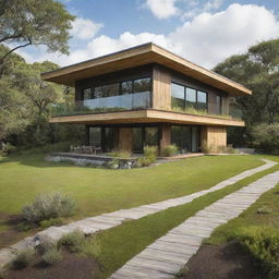 An eco-friendly house seamlessly blended with its native environment, complete with green roofs, solar panels, and natural materials.