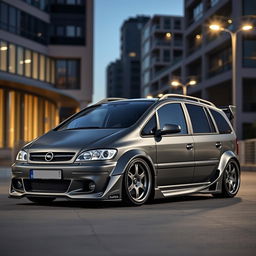 A striking widebody modification of a 2001 Opel Zafira in a sleek Nardo Grey finish