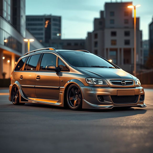 A striking widebody modification of a 2001 Opel Zafira in a sleek Nardo Grey finish