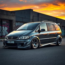 A stunningly tuned 2001 Opel Zafira in widebody configuration, coated in a sleek Nardo Grey paint job