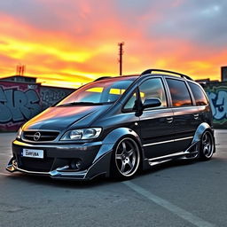 A stunningly tuned 2001 Opel Zafira in widebody configuration, coated in a sleek Nardo Grey paint job