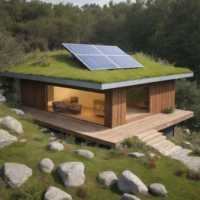 An eco-friendly house seamlessly blended with its native environment, complete with green roofs, solar panels, and natural materials.