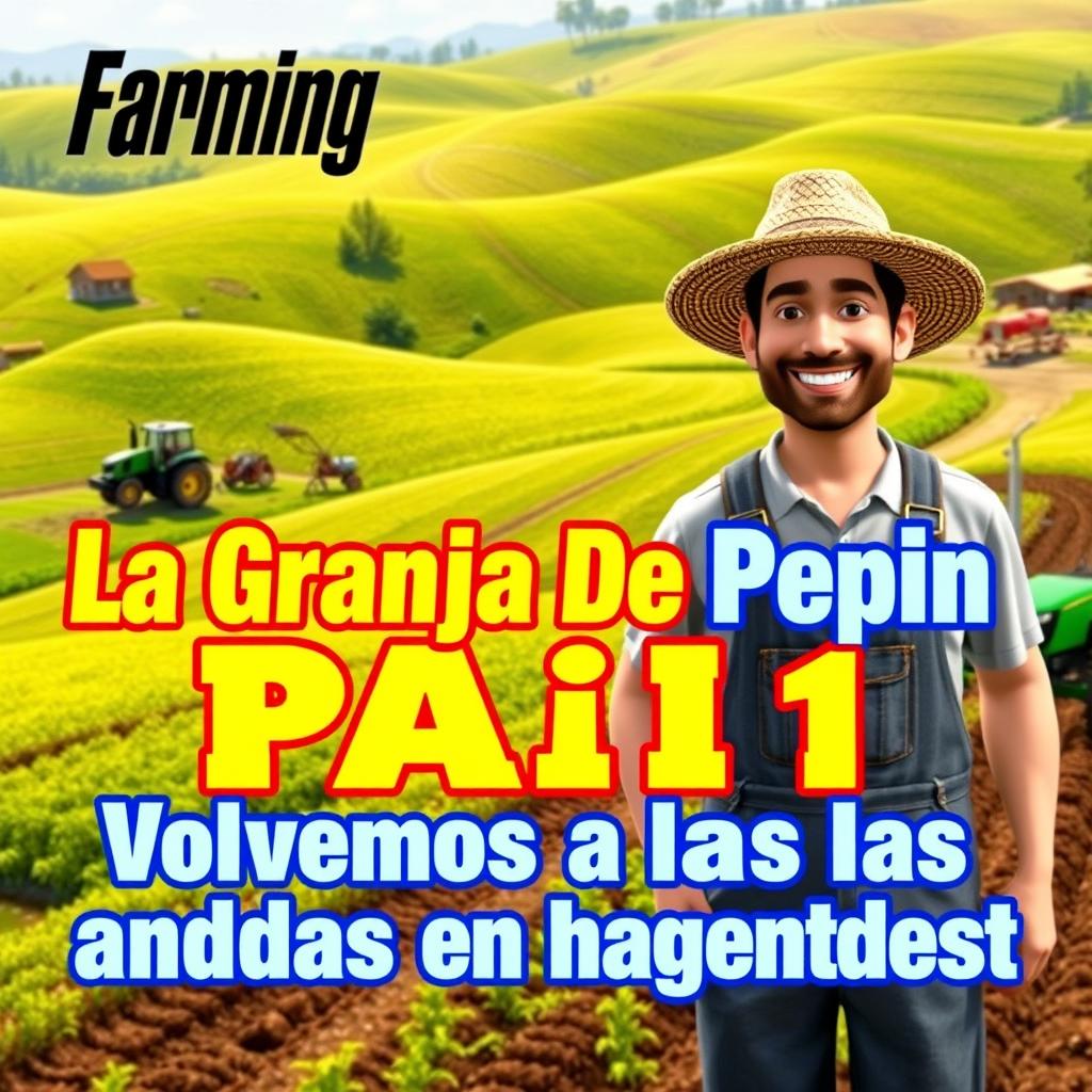 A vibrant and engaging YouTube thumbnail for 'Farming Simulator 22', featuring a beautiful, lush farm landscape with rolling green hills and various farming equipment like tractors and plows