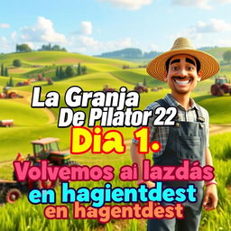 A vibrant and engaging YouTube thumbnail for 'Farming Simulator 22', featuring a beautiful, lush farm landscape with rolling green hills and various farming equipment like tractors and plows