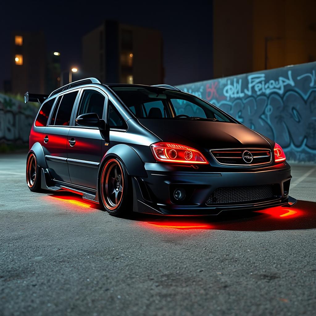 A highly modified 2003 Opel Zafira with a striking widebody kit, showcasing aggressive fenders, a lowered stance with custom suspension, and sporty alloy wheels