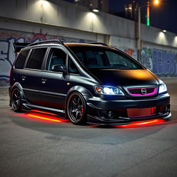 A highly modified 2003 Opel Zafira with a striking widebody kit, showcasing aggressive fenders, a lowered stance with custom suspension, and sporty alloy wheels