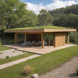 An eco-friendly house seamlessly blended with its native environment, complete with green roofs, solar panels, and natural materials.