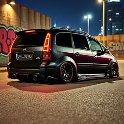 A highly modified 2003 Opel Zafira with a striking widebody kit, showcasing aggressive fenders, a lowered stance with custom suspension, and sporty alloy wheels