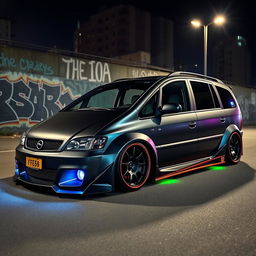 A highly modified 2003 Opel Zafira with a striking widebody kit, showcasing aggressive fenders, a lowered stance with custom suspension, and sporty alloy wheels